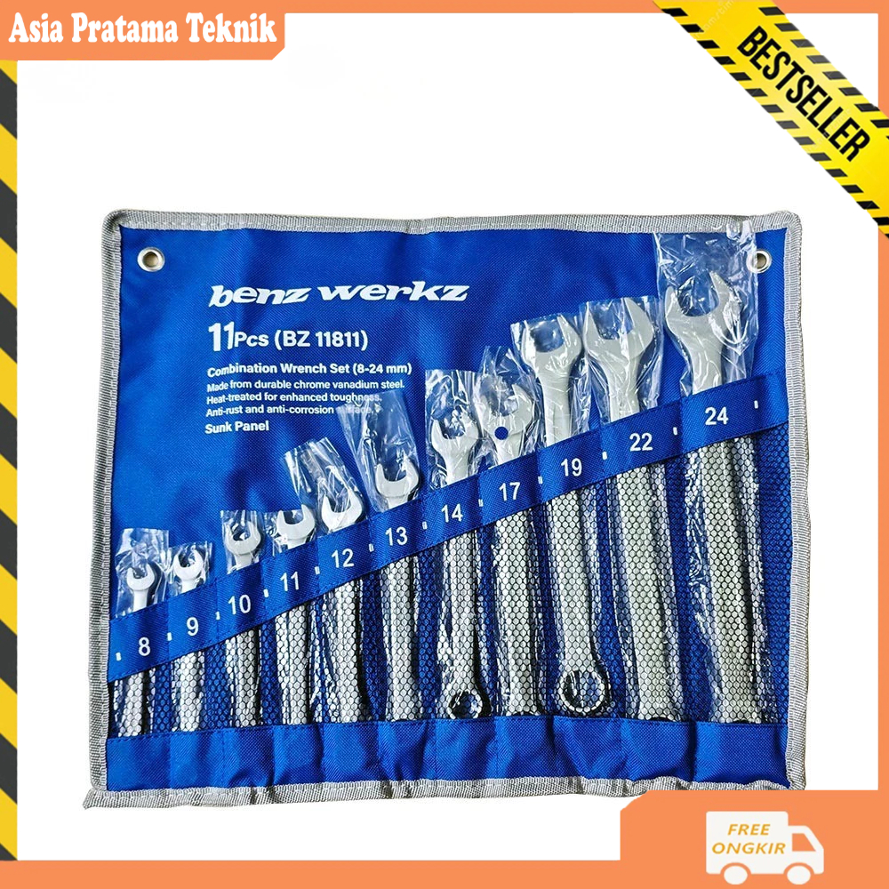 BENZ KUNCI RING PAS SET 11 PCS 8-24MM CHROME VANADIUM STEEL