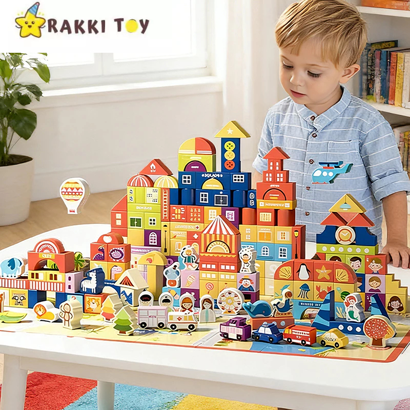 Balok Bangunan Kayu Edukasi Anak Tema Kota & Kebun Binatang | Mainan Kreatif Huruf Angka