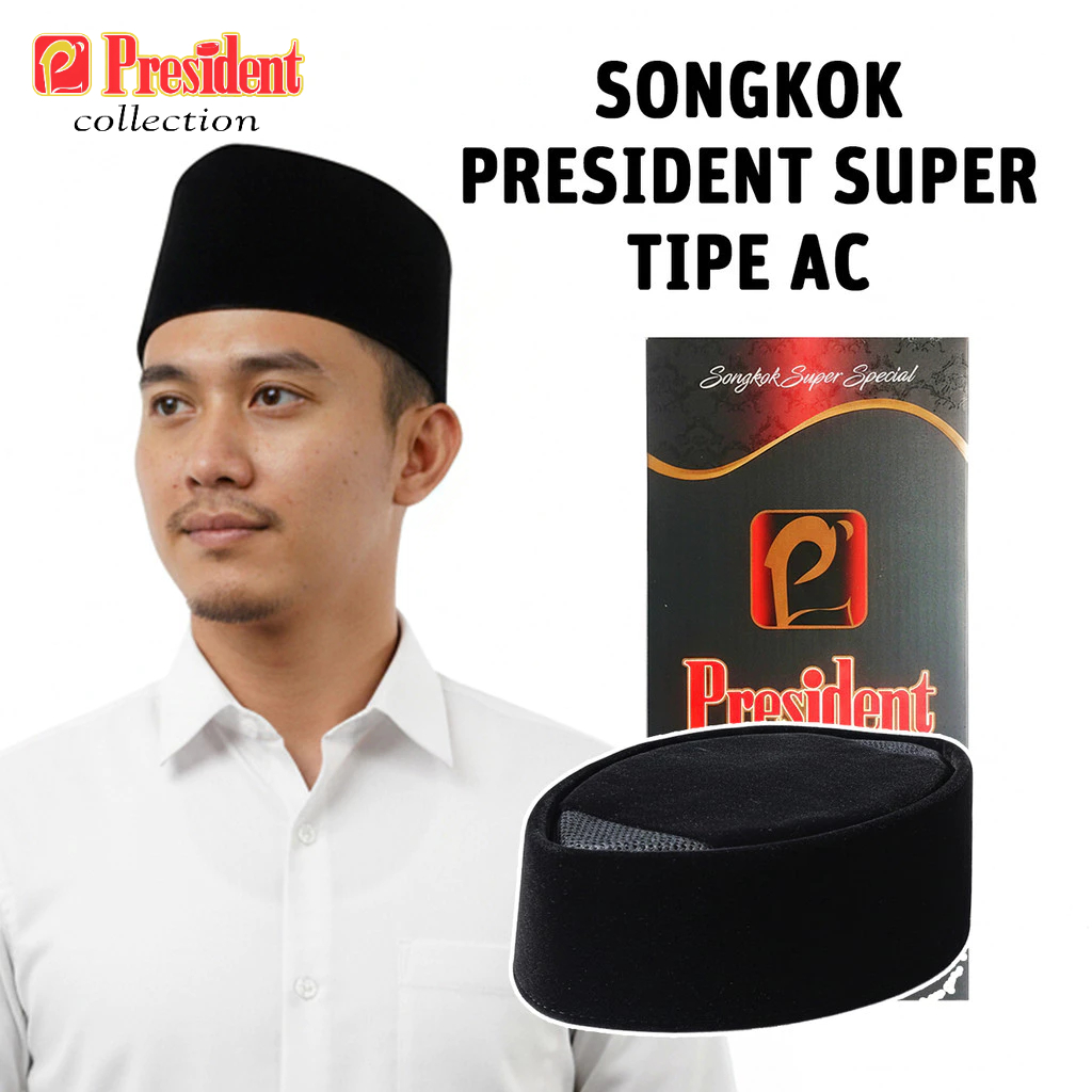 PRESIDENT – Songkok Hitam PRESIDENT SUPER AC Songkok Hitam Original Beludru Tidak Mudah Kuning