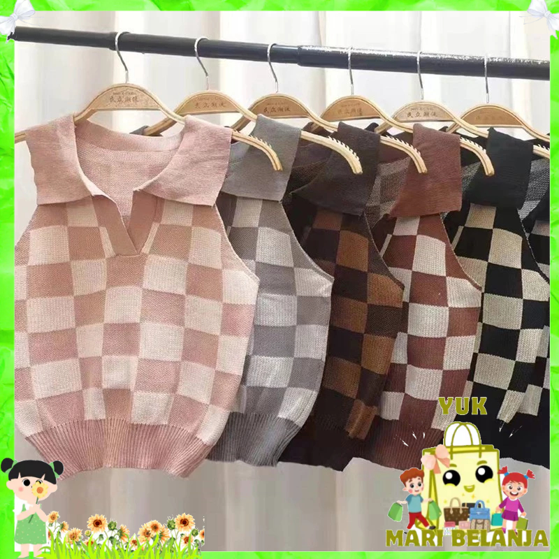 YMB Baju Crop Wanita Korean Diamond Kode 6859  Plaid Knit Vest Crop Top Rompi Rajut Korea V Neck Bah