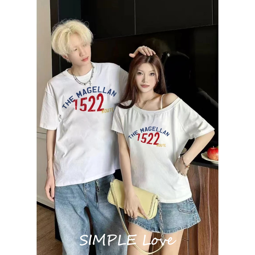 [COD] Surat THE MAGELLAN Pasangan Atasan tanpa bahu kaos pria wanita atasan Lengan Pendek T-shirt sk