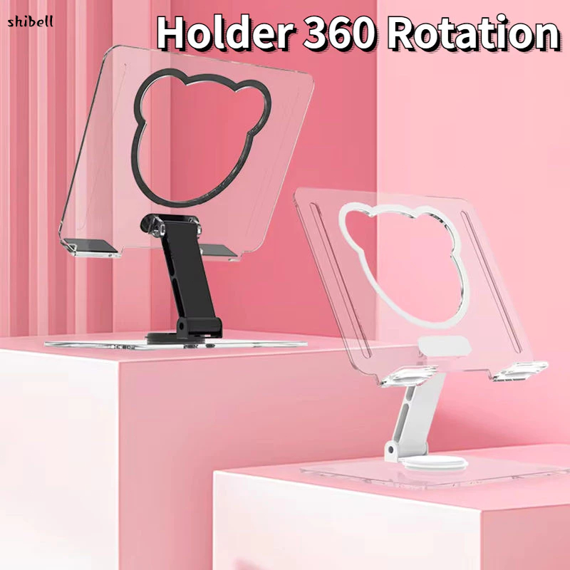 Tablet Holder Bisa Diangkat Diturunkan Foldable Akrilik transparan Dudukan Putar 360 Rotary / Deskto