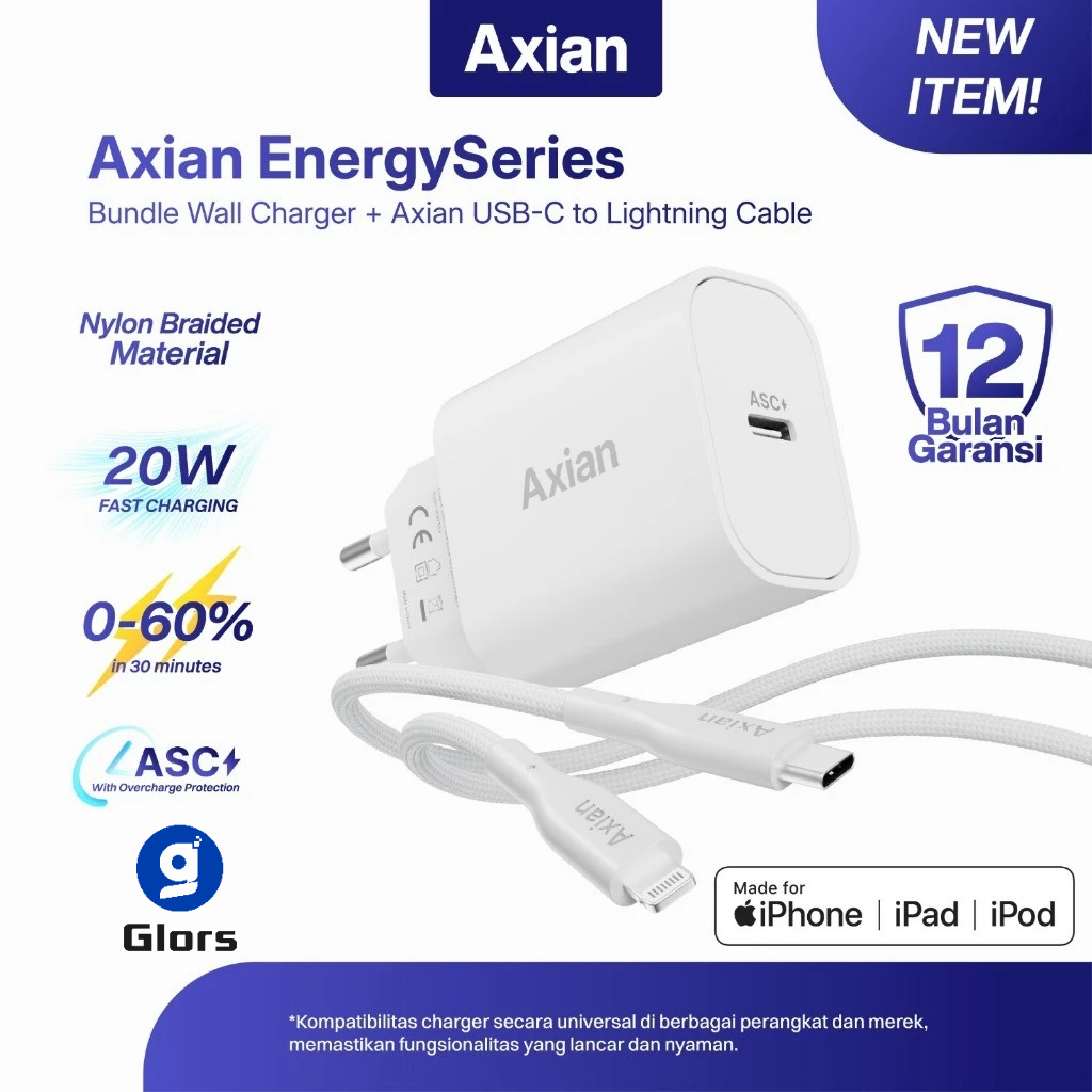 AXIAN Wall Charger 20W PD + Kabel iPhone MFi USB C to Lightning
