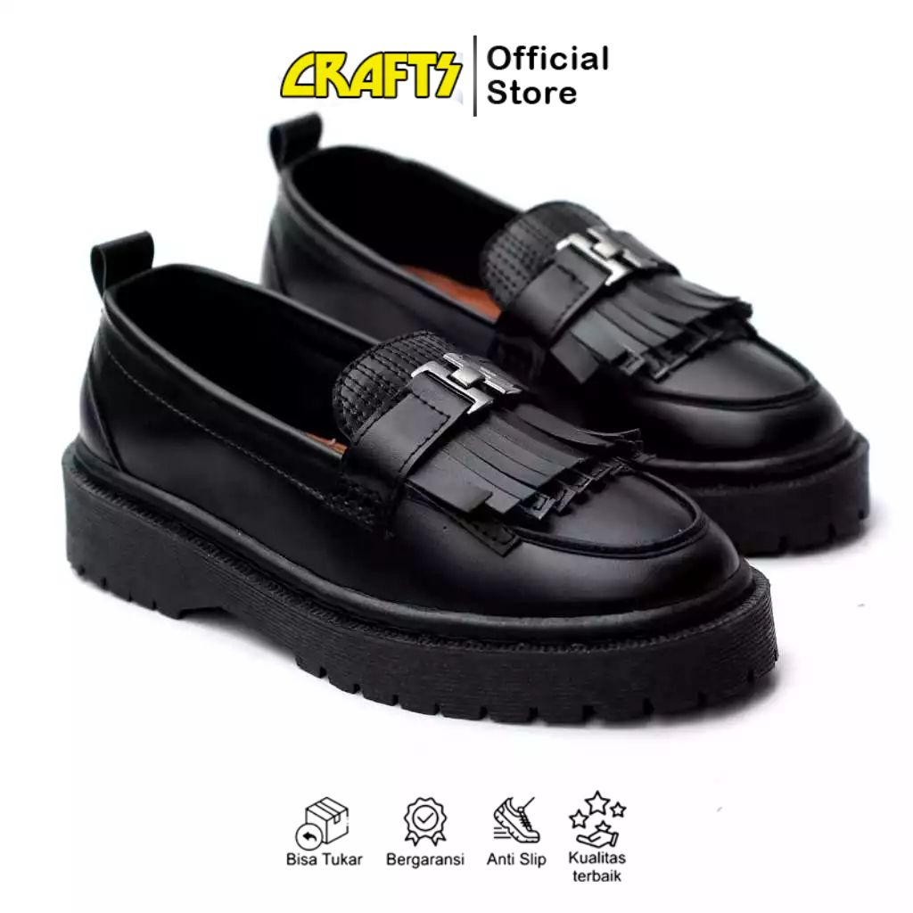 Sepatu Formal Loafers Hitam Kerja Pria Chunky Sole Tebal