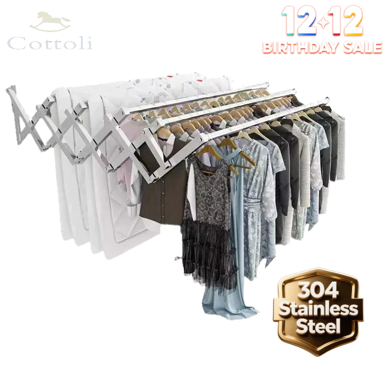 Cottoli Jemuran Dinding Lipat  SUS-304 Jemuran Baju Tempel Dinding Jemuran Baju Dinding Lipat