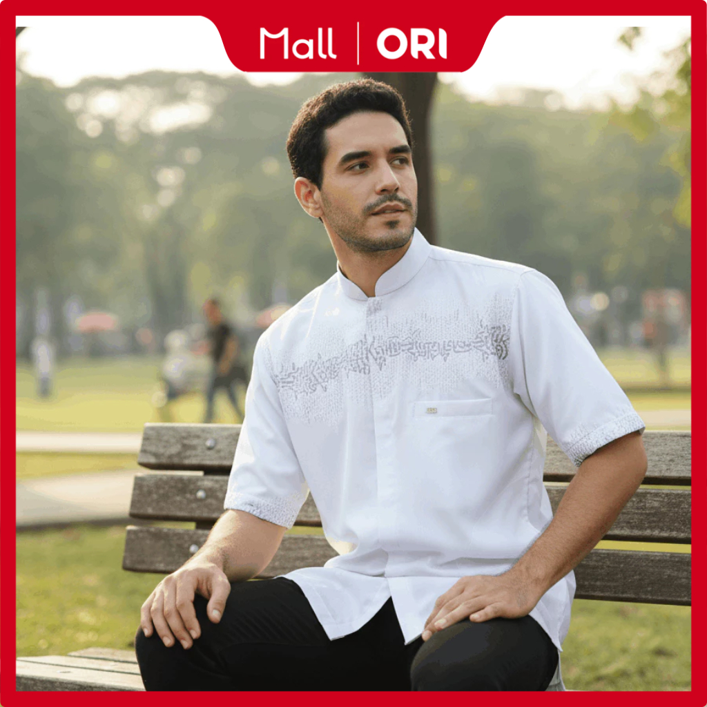 PRESIDENT – Baju Koko Pria Muslim HUSAINI – Baju Taqwa Pria Putih Polos Motif Bordir Modern Santai