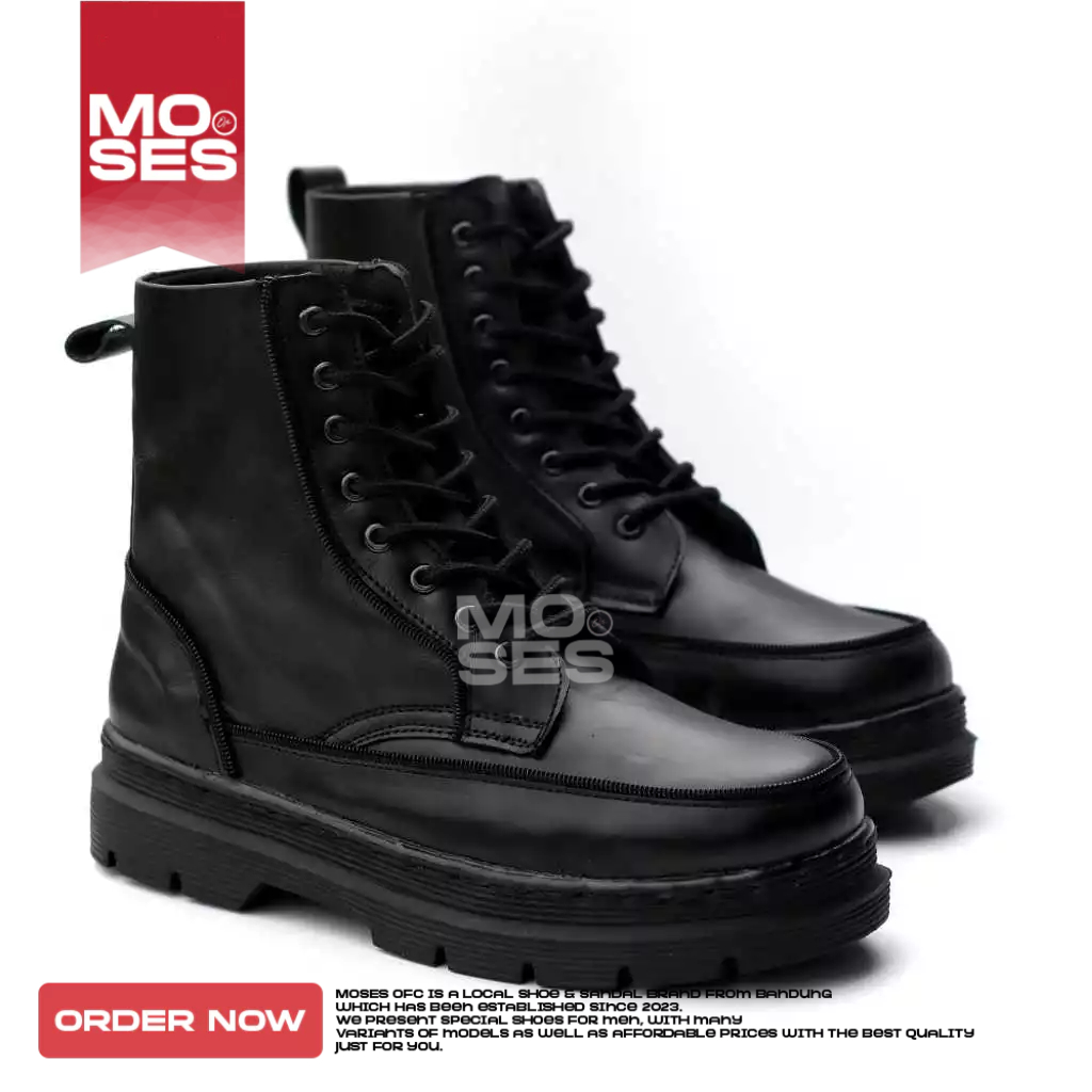 MOSES Sepatu Boots Pria Kulit Asli Hitam Docmart Kerja Hak Tinggi