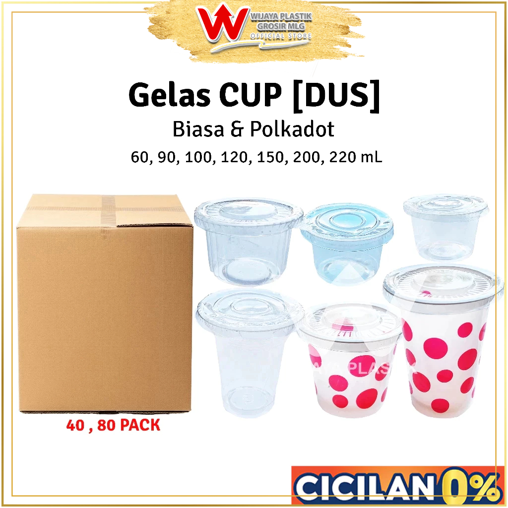 [1 DUS] Aneka Gelas Plastik BENING & POLKADOT ( 60 90 100 110 120 150 200 220 ml ) --- 40 80 pack @D