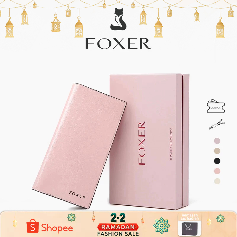 FOXER Dompet Panjang Wanita Dompet Kulit Sapi Wanita Untuk Koin Dompet Panjang Ultra Tipis Dengan Ba