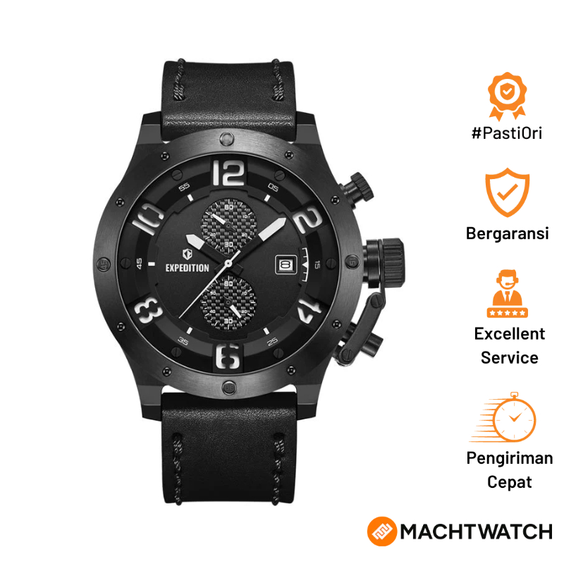 Jam Tangan Pria Expedition Chronograph E 6381 MC LIPBASL-1 Men Black Dial Black Leather Strap