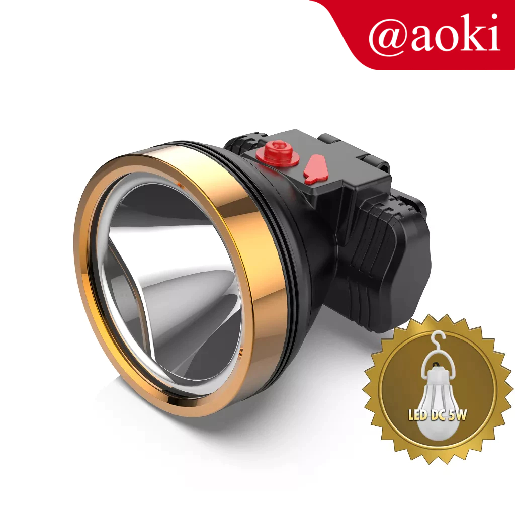 AOKI Senter kepala 20w 2 lensa baterai lithium Dapat Led DC 5w adaptor charger