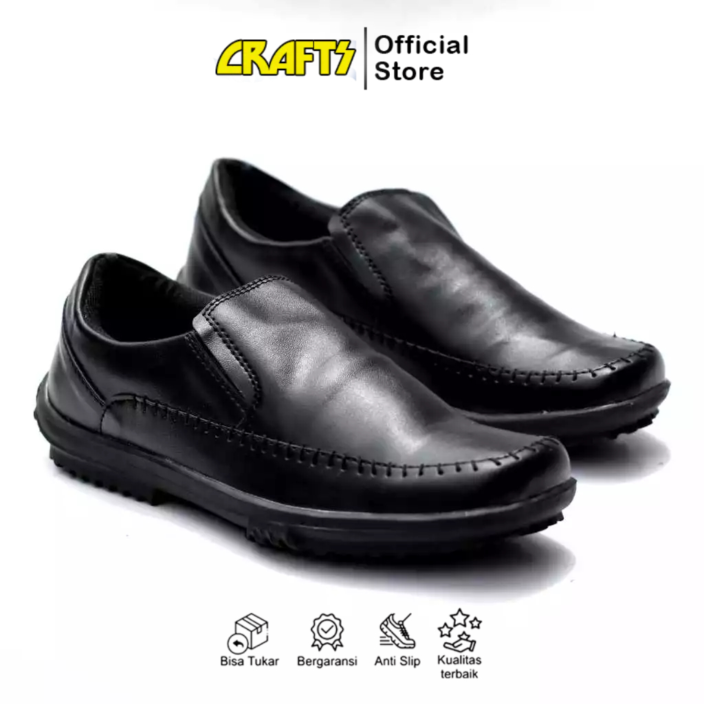 Sepatu Formal Casual Slip On Hitam Pria Kulit Sintetis