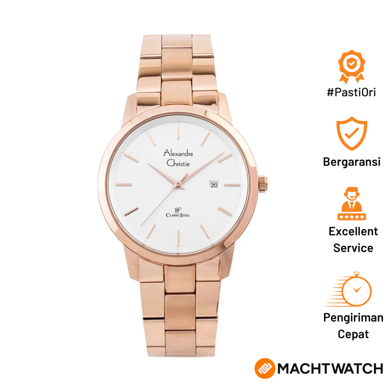 Jam Tangan Pria Alexandre Christie Classic Steel AC 8645 MD BRGSL Man Silver Dial Rose Gold Stainles
