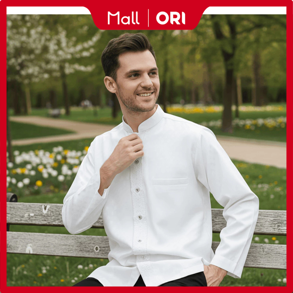 PRESIDENT – Baju Koko Muslim AL BARAK – Baju Taqwa Pria Modern Lengan Panjang Putih Polos Import