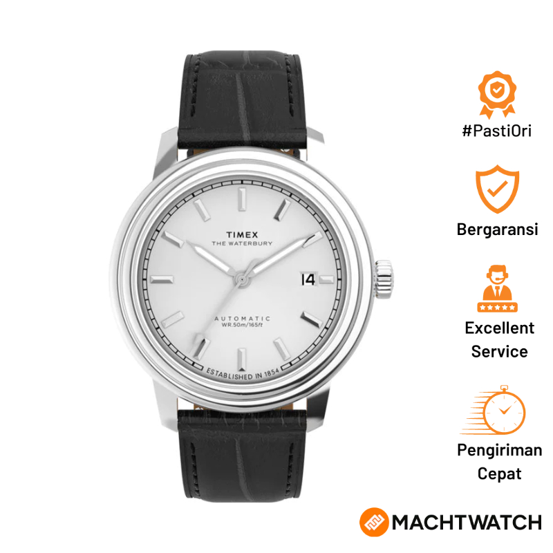 Jam Tangan Pria Timex Waterbury TW2Y22900 Metropolitan Automatic Silver Dial Black Leather Strap