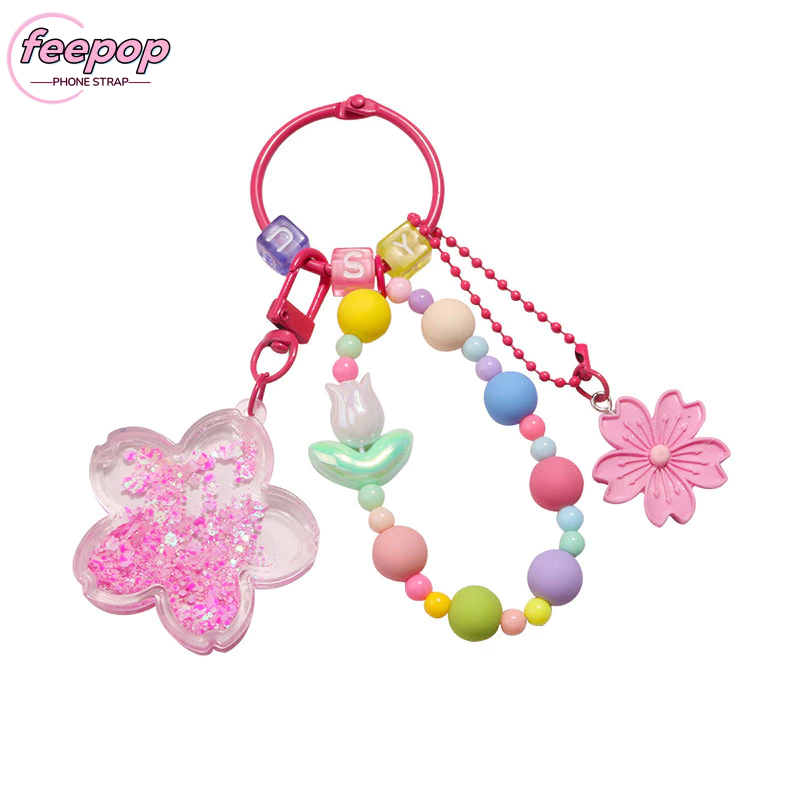 Liontin Ponsel Bunga Pasir Apung Liontin Sakura Warna-warni Lucu Casing Earphone Liontin-Fee