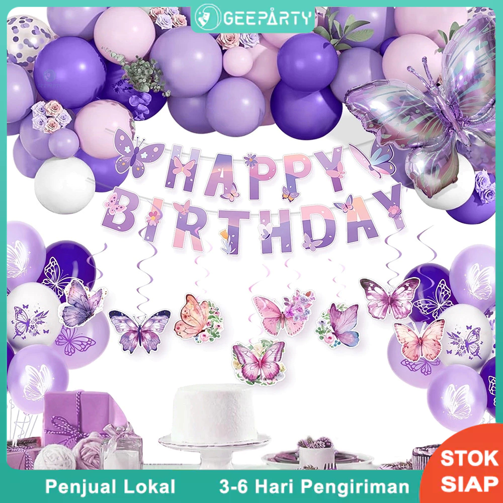 65 Pcs Set Balon Kertas Warna Kupu-kupui Ungu Dan Putih Dengan Spanduk Spiral Untuk Dekorasi Pesta U