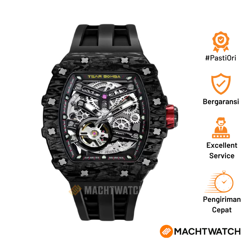 Jam Tangan Pria Tsar Bomba Elemental TB8208CF-38 Automatic Carbon Fiber Bezel Black Rubber Strap
