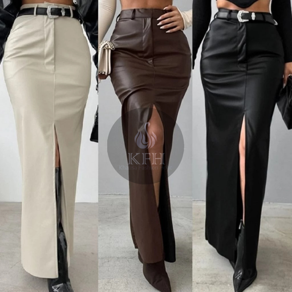 Rok Kulit PU Leathers Rok Wanita Rok Maxi Panjang High Waist Slim Ramping Slit Depan Seksi