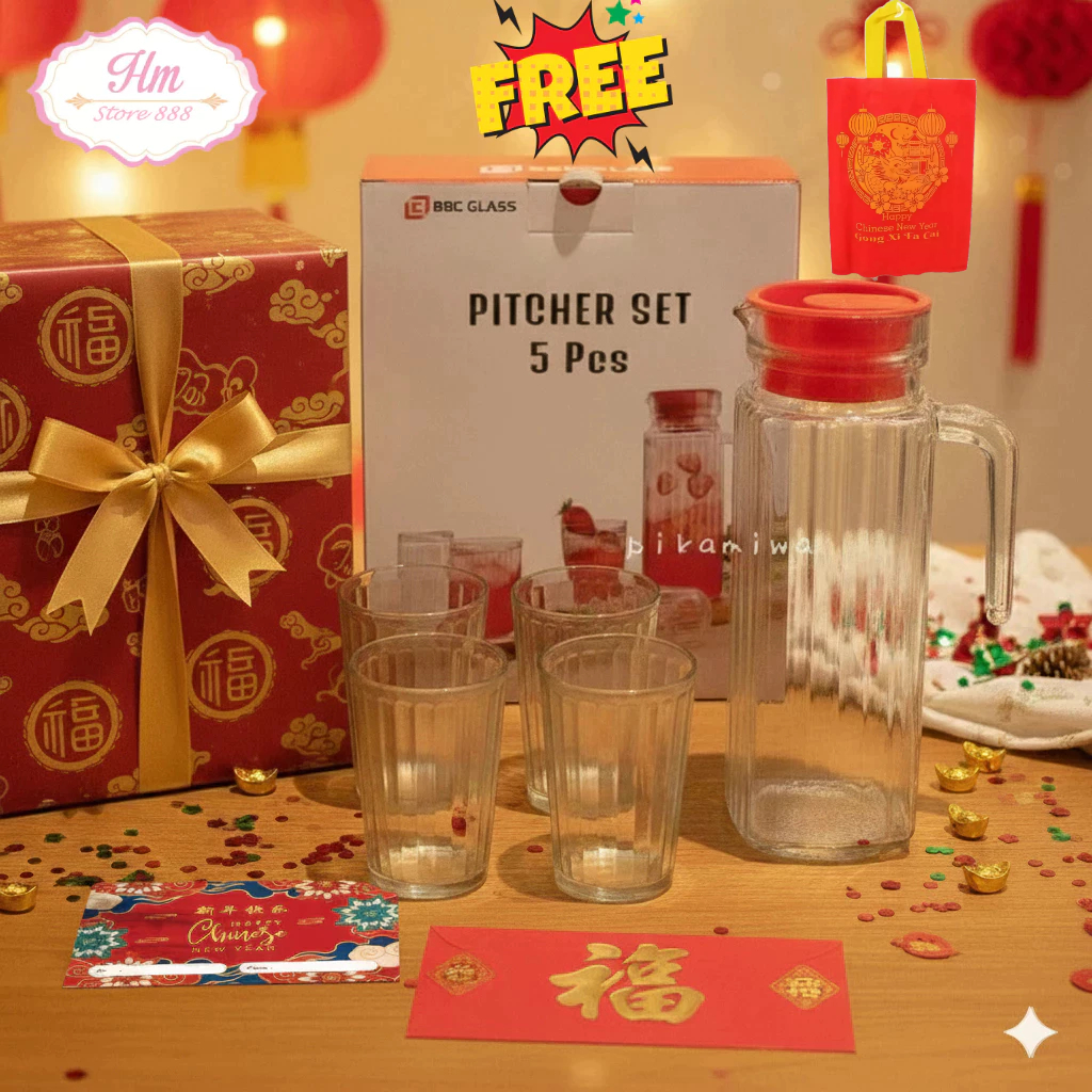 HM - Teko Set Pitcher Teko Kaca 5 in 1 Bahan Kaca Hampers Imlek Idul Fitri Natal FREE GOODIE BAG