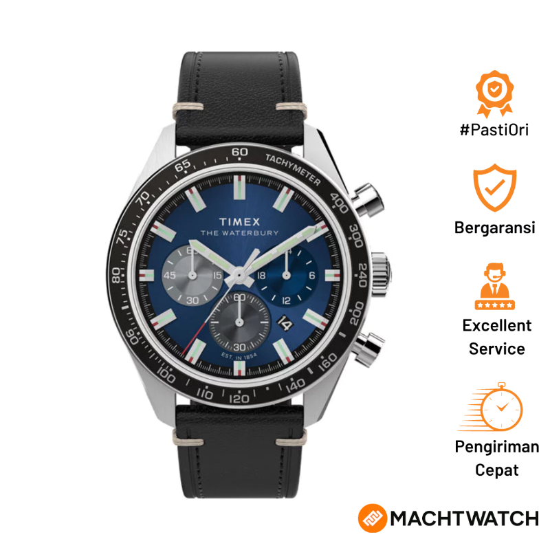 Jam Tangan Pria Timex Waterbury TW2Y18600 Traditional Chronograph Blue Dial Black Leather Strap