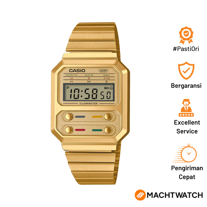 [PAYDAY] Jam Tangan Unisex Casio General A100WEG-9ADF A100 Digital Dial Gold Stainless Steel Band