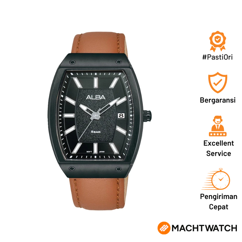 [PAYDAY SALE] Jam Tangan Pria Alba Active AG8N19X1 Men Black Patterned Dial Light Brown Leather Stra