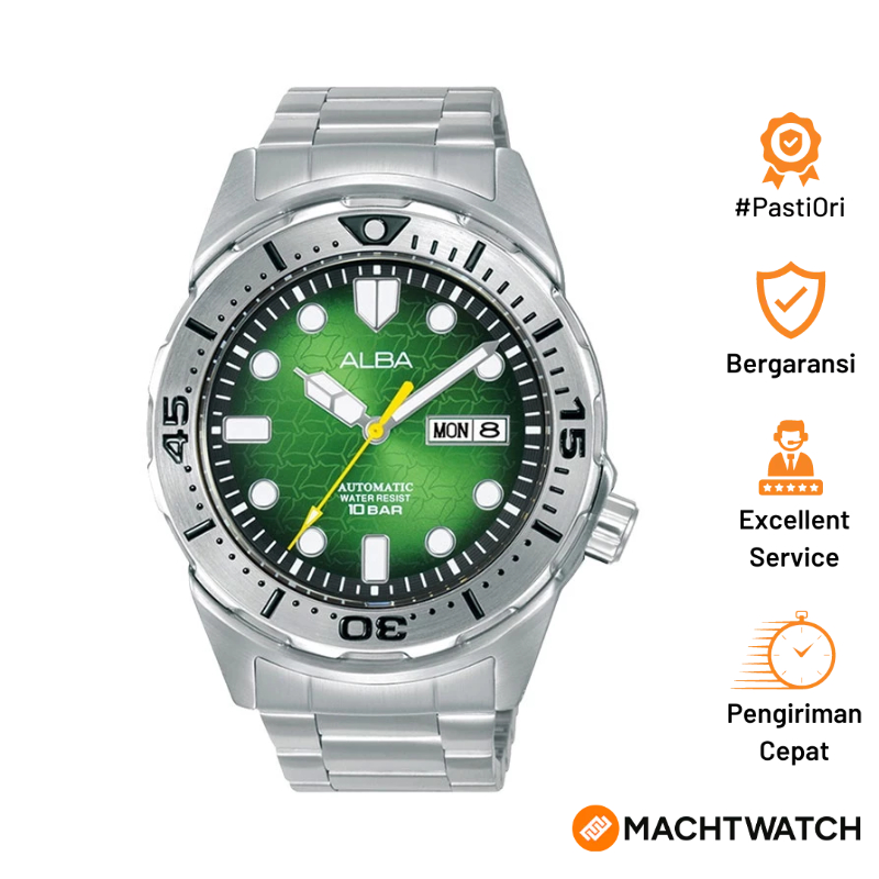 Jam Tangan Pria Alba Mechanical AL4443X1 Automatic Men Green Black Gradation Patterned Dial Stainles