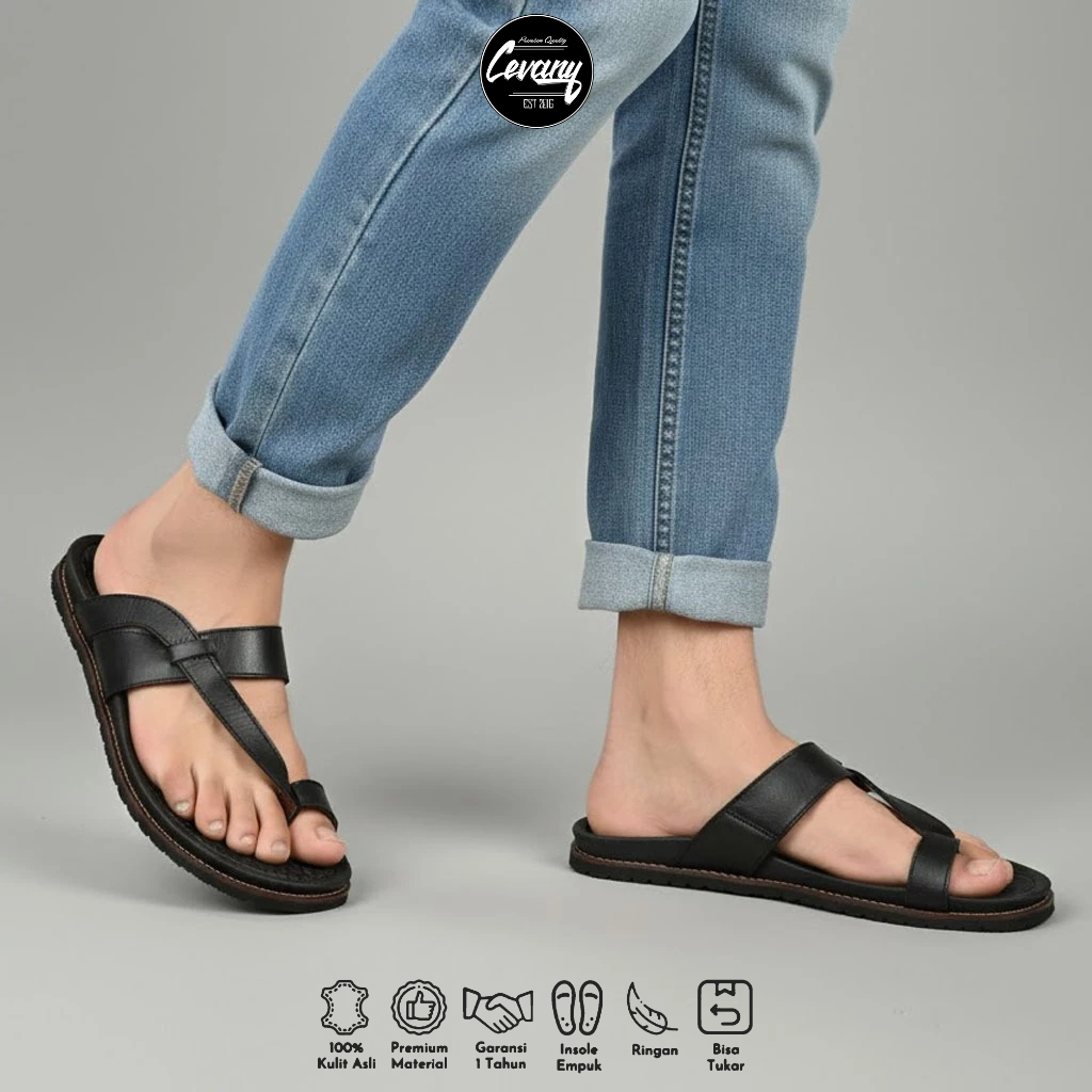 Sandal Jepit Pria  Black kulit asli  Outdoor || Sandal Nyaman Ergonomis - IMPLUSE TEVEZ