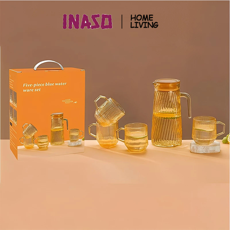 Inaso Teko Air Kaca Diamond Set 5 in 1 Teko Set Gelas Aesthetic Teko Teh Kaca Tahan Panas HPLE07