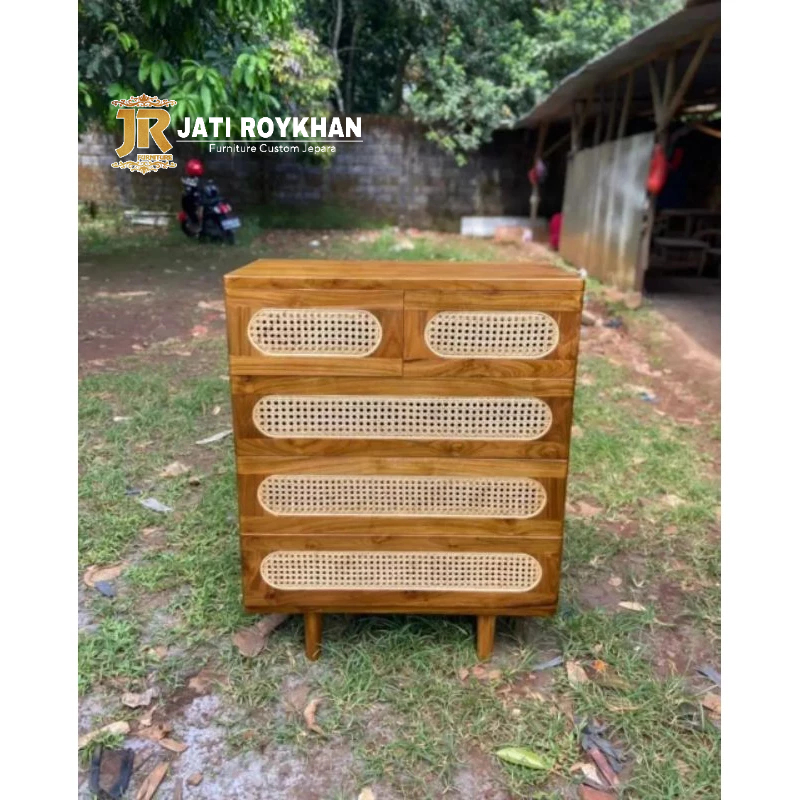 Bufet drawer jati kombinasi rotan