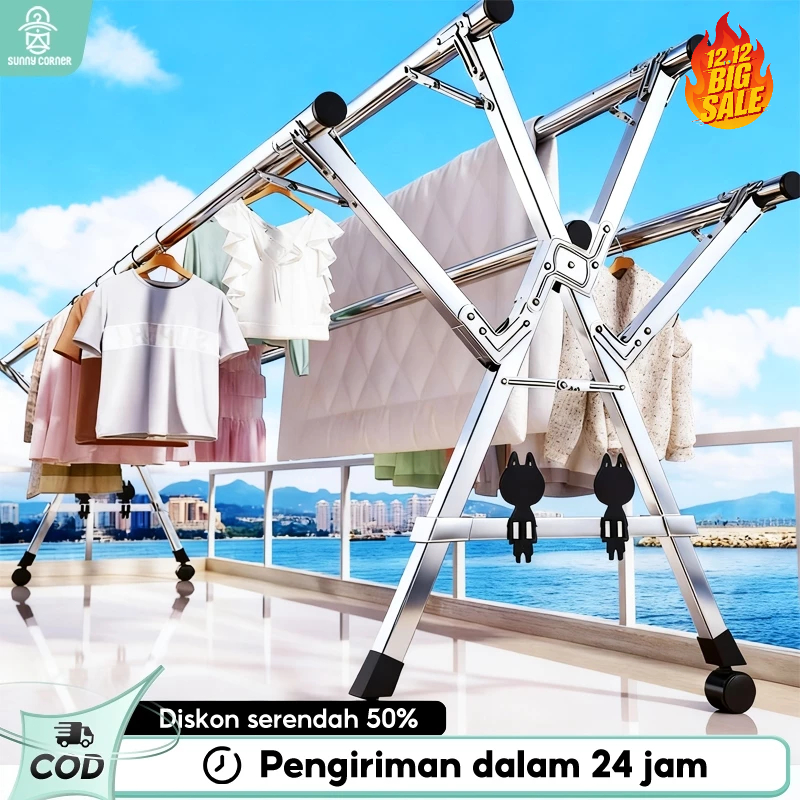 Jemuran Baju Lipat Dengan Roda Stainless Steel 5 Tiang Jemuran Pakaian Anti Karat Kuat kokoh 240cm