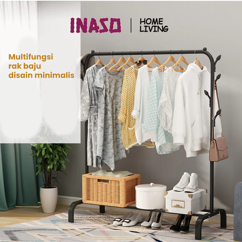 INASO Stand Hanger Baju Rak Gantung Pakaian Stainless Rak Portable Stand Hanger Roda HSH101