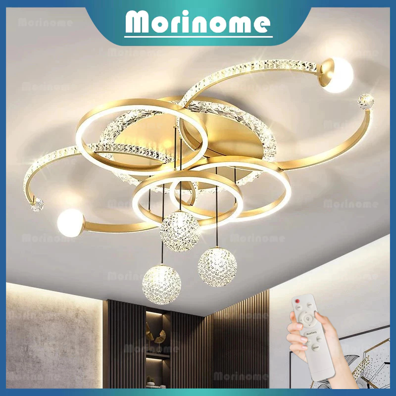 Remote Ruang Tamu Lampu Gantung Mewah Lampu Gantung Emas ring&bola LED 3 Warna 110cm besar Lampu Hia