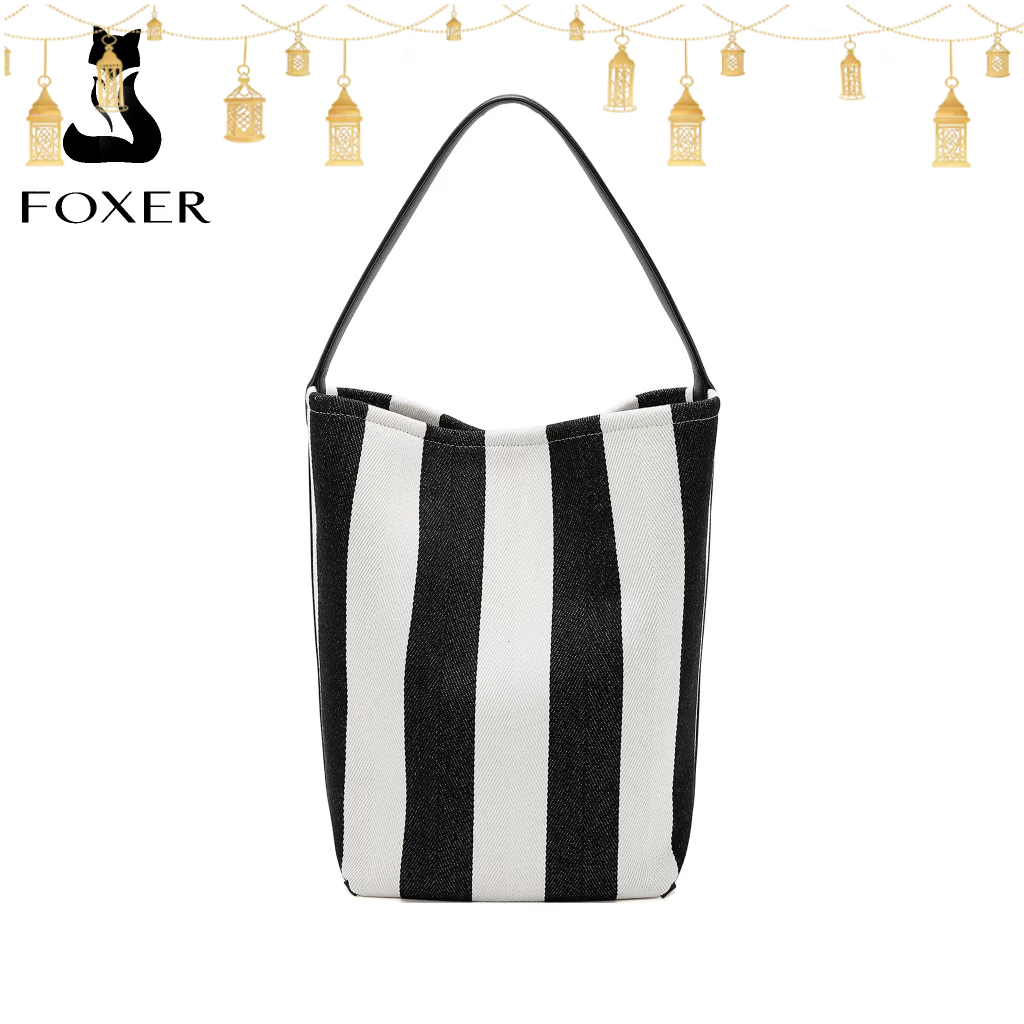 FOXER Tas Bahu Wanita Berkapasitas Besar Tas Tote Bergaris Hitam Putih Tas Wanita Warna Kontras Sede