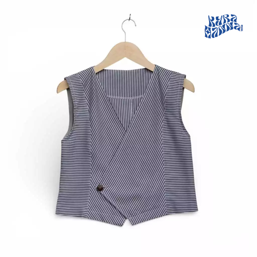 Vest Rompi Wanita Motif Salur Abu-Abu Hijab Friendly - Outer Stripe Sleeveless Blouse - Atasan Tanpa