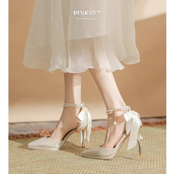 PINKEY P410 Pearl Ribbon Heels Wanita Elegan – High Heels Party Wedding Korean Style