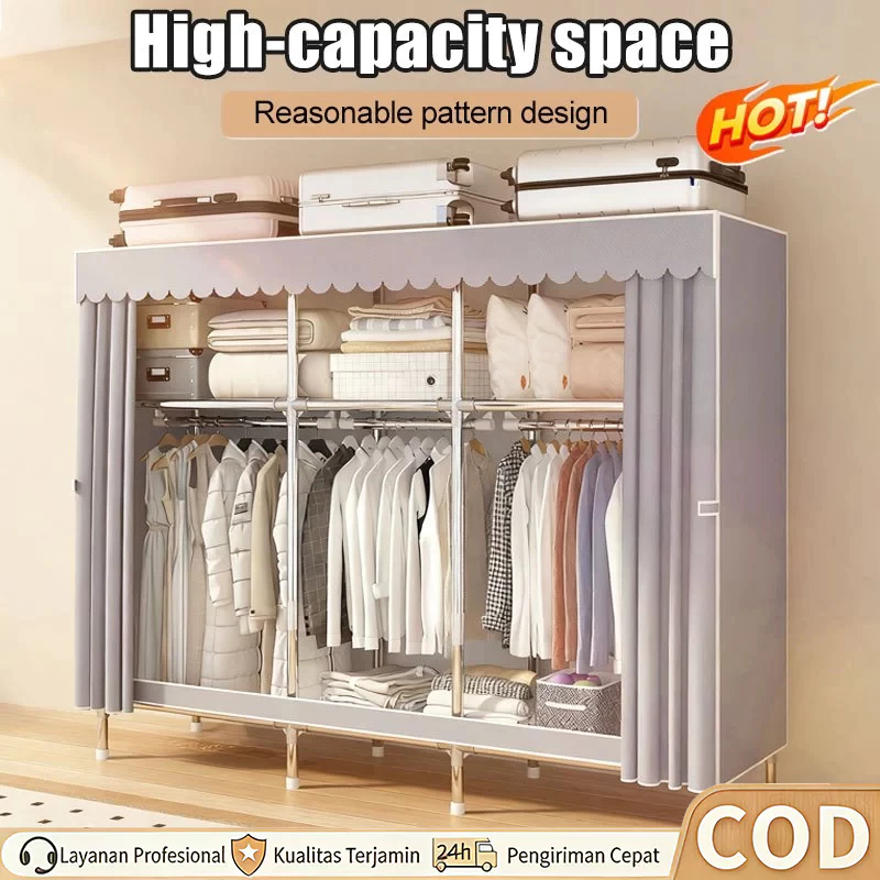 Lemari Baju Kain Portable 2 SISI Ritsleting | Pipa Baja Alloy Premium | Penutup Anti Debu Ringan Mud