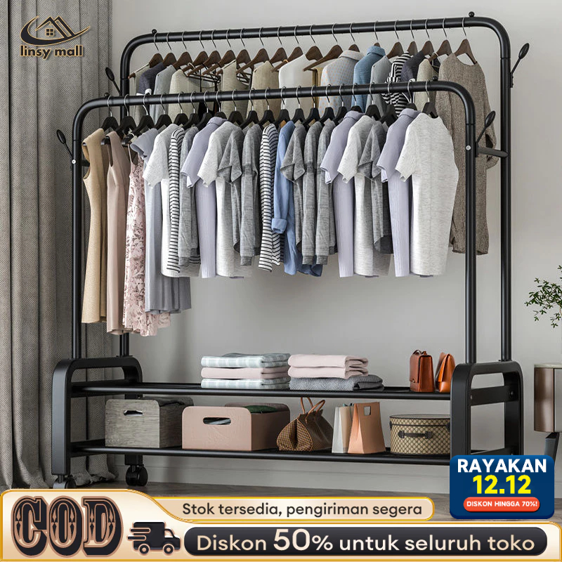 TOKO-ciluka Stand Hanger Double Rak Gantungan Baju Berdiri Besi Kuat Rak Baju Gantung Minimalis