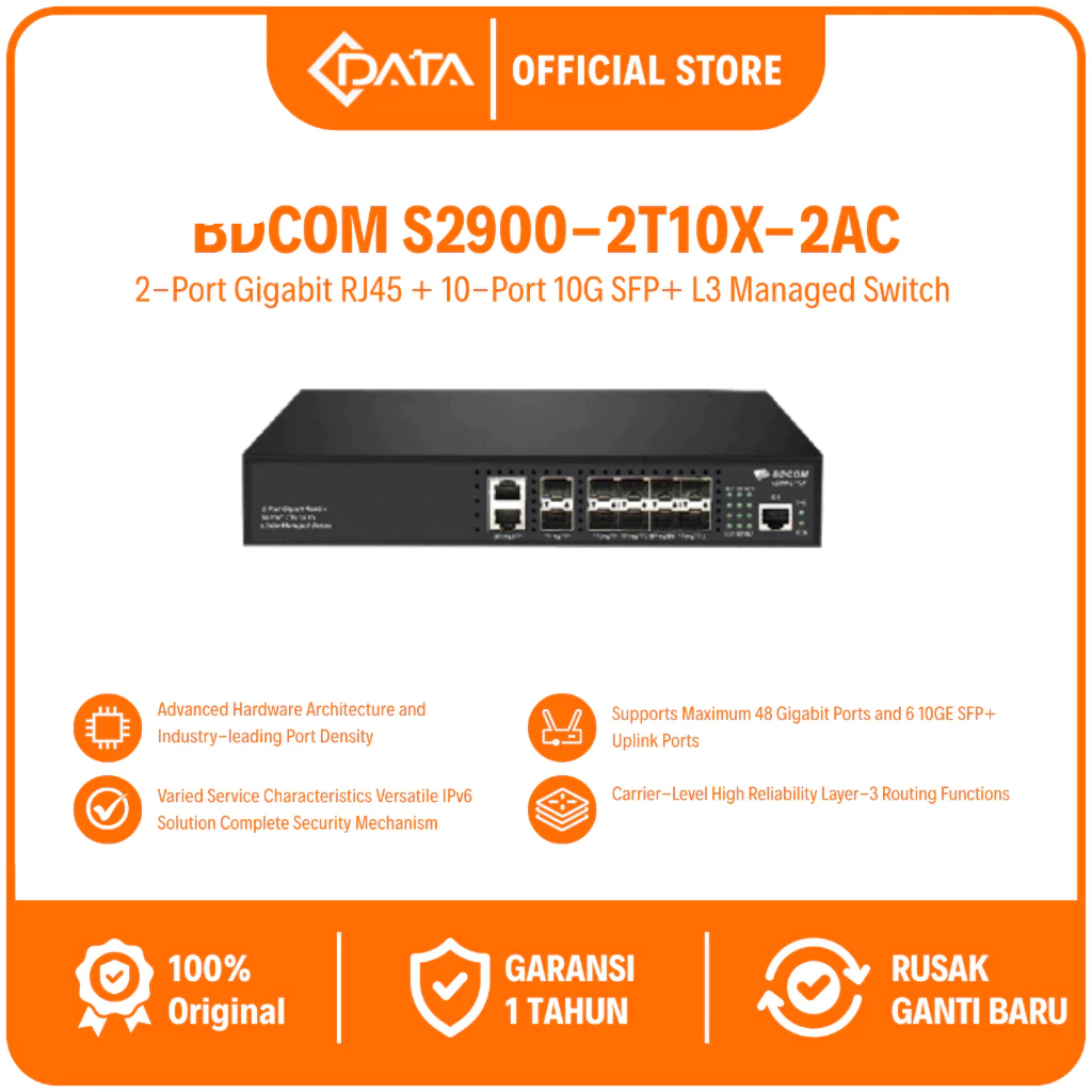 CDATA BDCOM S2900-2T10X – Switch 10G 2GE + 10 SFP+ | L3 Enterprise, IPv6, Aggregation Switch