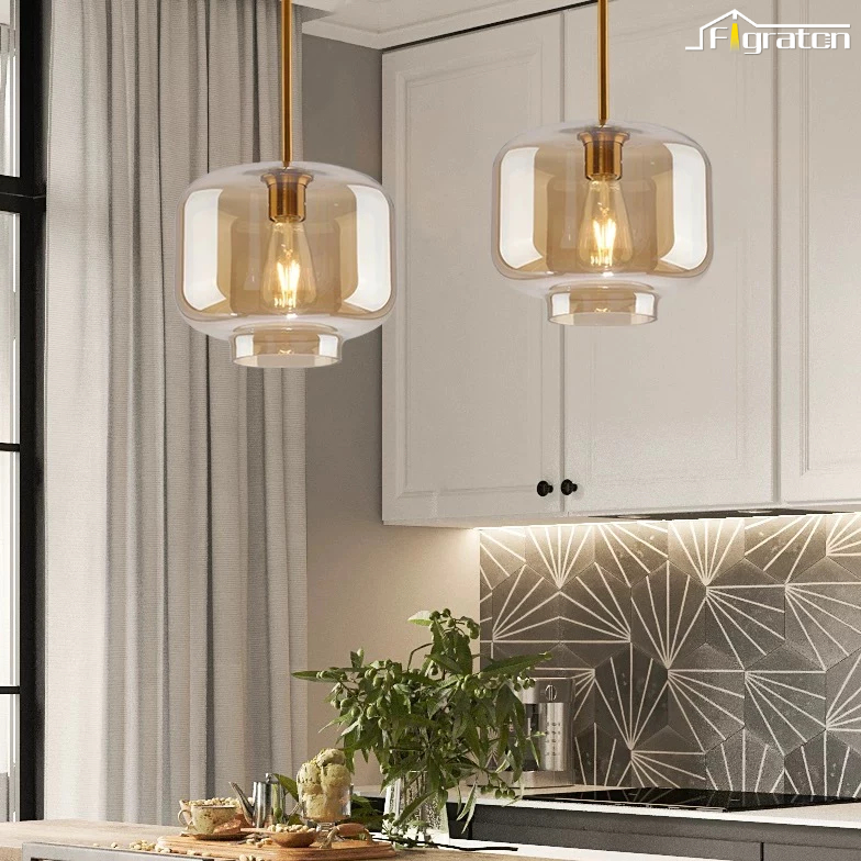 Lampu Gantung Kaca Warna Teh Bulat Minimalis Nordic Meja Makan Kamar Tidur Minibar Restoran Cafe E27