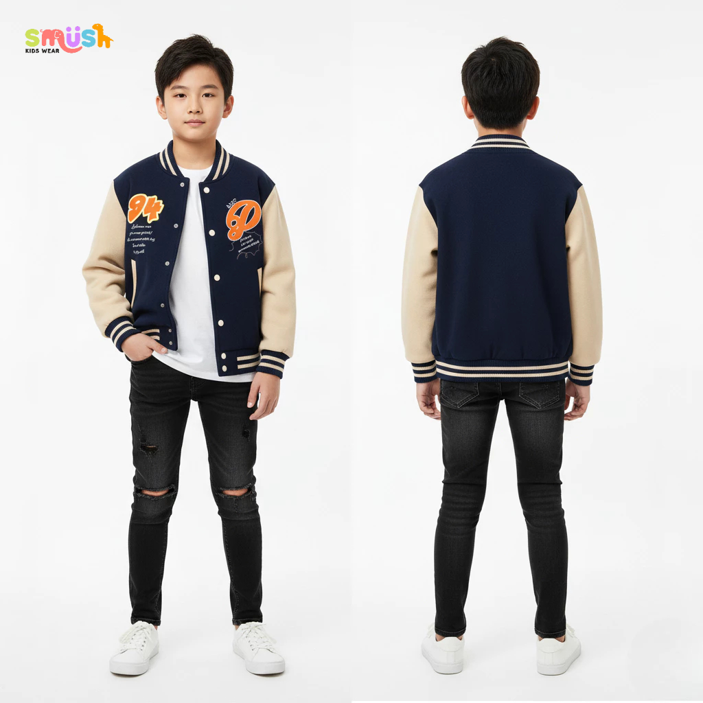 SMUSHKIDS Jaket Varsity Baseball Anak Laki Laki Initial P 94 Usia 9-12 Tahun Bahan Fleece