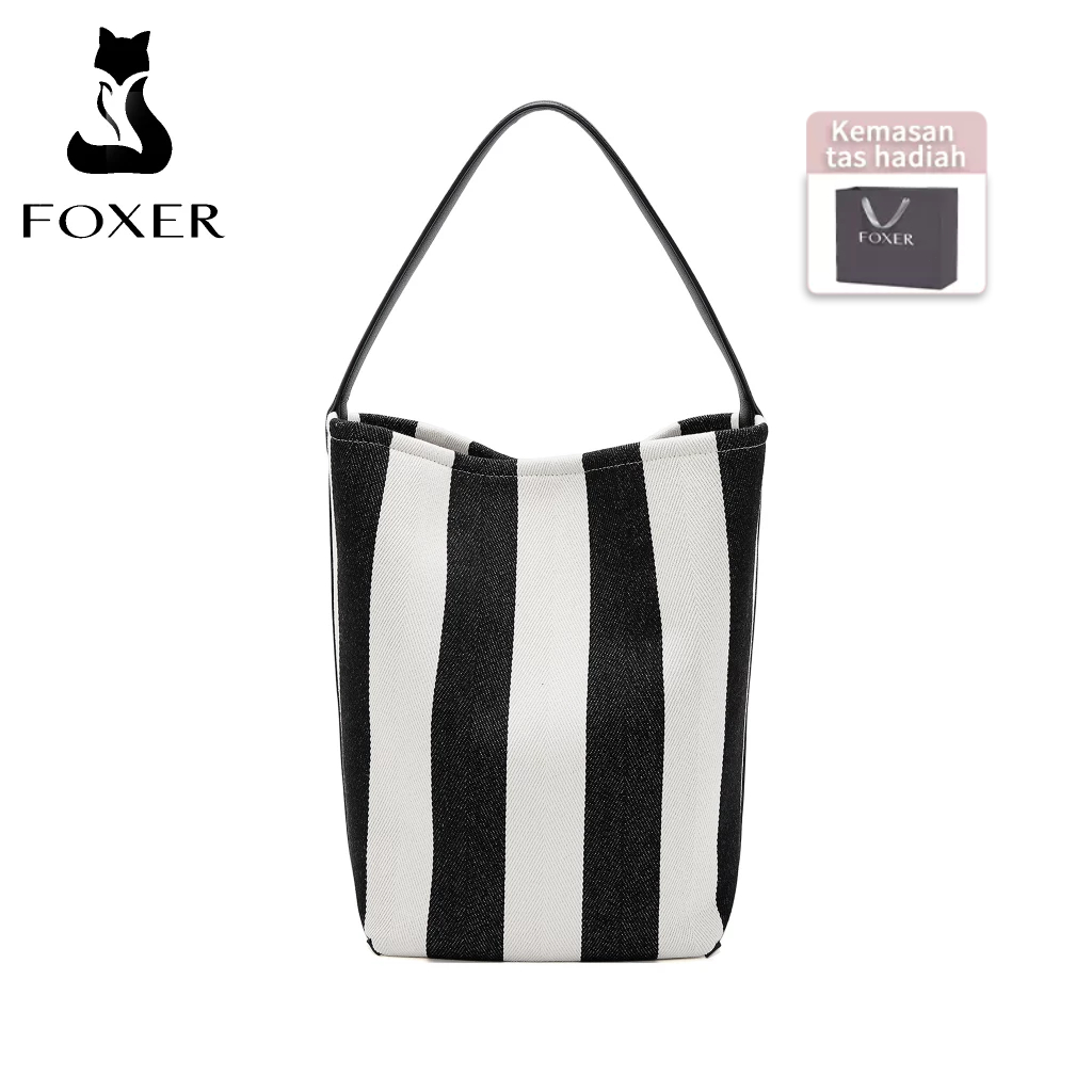 FOXER Tas Bahu Wanita Berkapasitas Besar Tas Tote Bergaris Hitam Putih Tas Wanita Warna Kontras Sede
