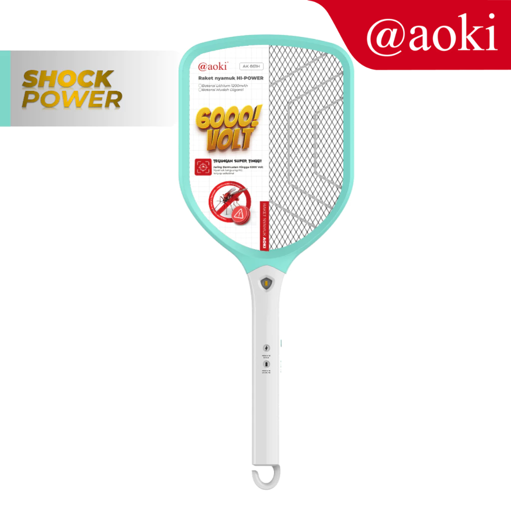 AOKI Raket Nyamuk Rechargeable – Tegangan Tinggi 6000V – Baterai Bisa Diganti – Baterai Lithium 1200