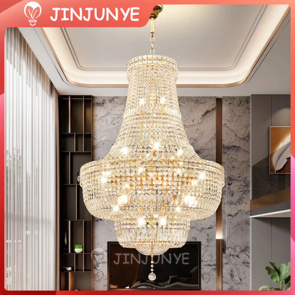 Lampu Gantung Kristal Mewah Besar Ruang Tamu Vila Lampu Kristal Gantung LED 3 Warna Untuk Ruang Tamu