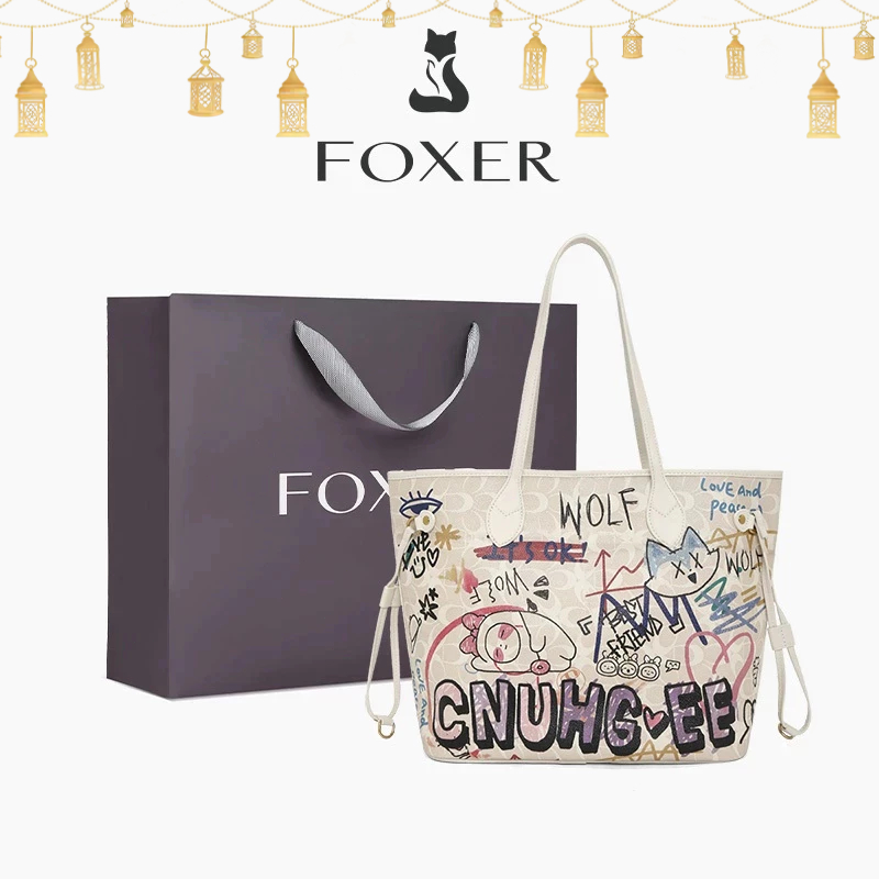 FOXER Tas Tote Besar Wanita Tas Bahu Grafiti Lucu Tas Wanita Modis dan Kreatif