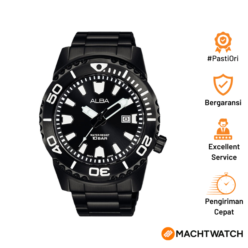 [PAYDAY SALE] Jam Tangan Pria Alba Active AG8M01X1 Men Black Dial Black Stainless Steel Strap