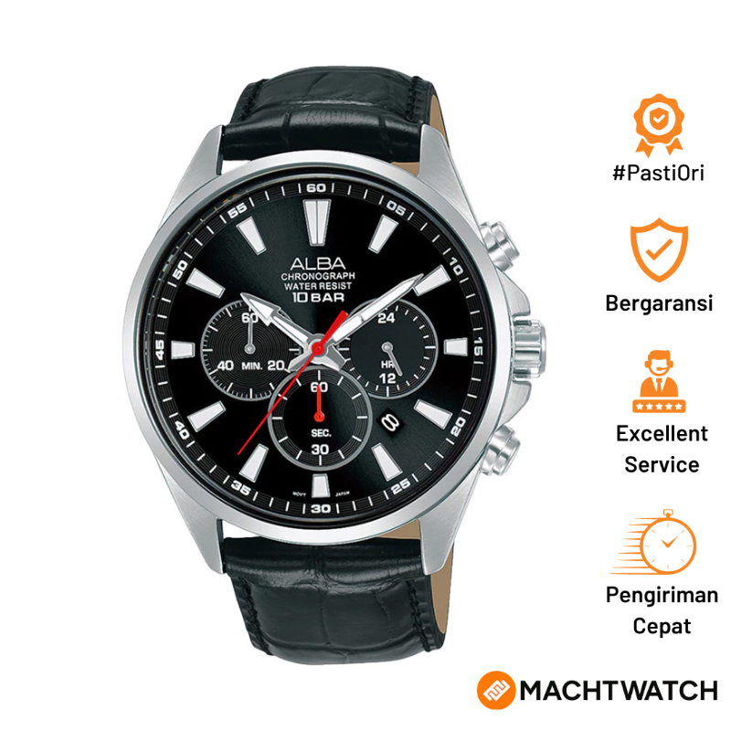 Jam Tangan Pria Alba Active AT3G59X1 Chronograph Men Black Dial Black Leather Strap