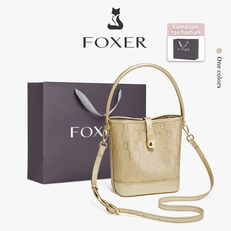FOXER Tas Selempang Wanita Warna Emas Tas Bucket Mewah Bergaya Tas Kurir Kulit Asli