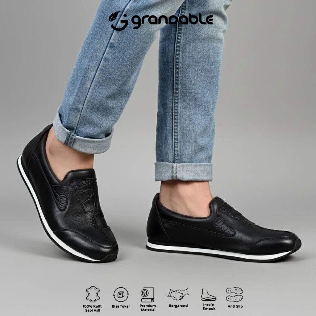 GRANDABLE - Combi Hitam Sepatu Sneakers Slip On Kasual Pria Kulit Asli